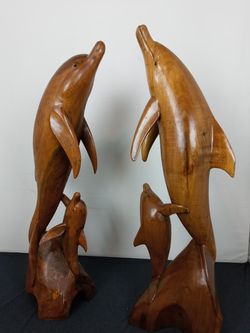Vgt pair wooden hand carved dolfhin w/ baby sculture