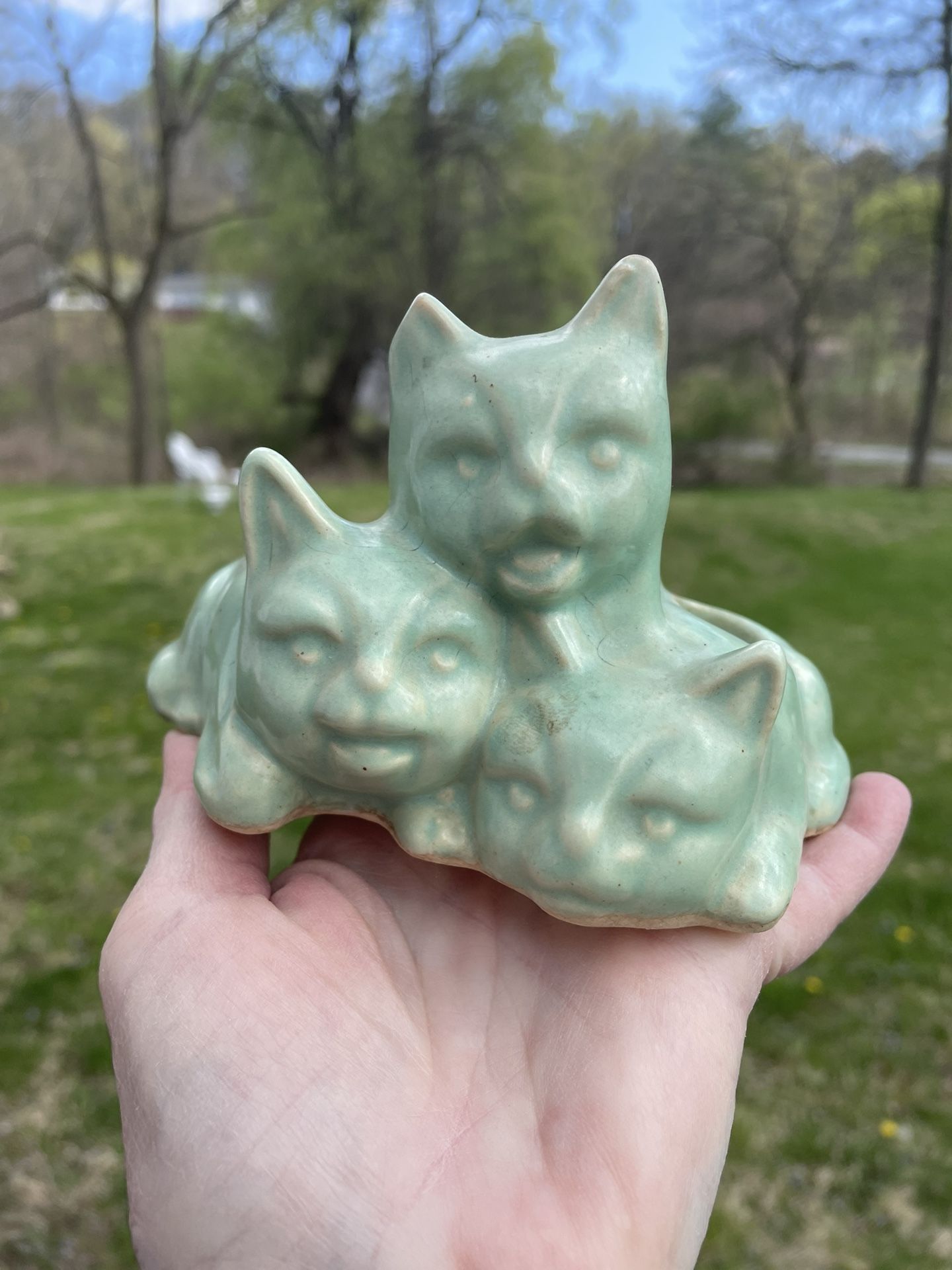 Vintage Ceramic Sage Green Triple Three Cat Planter 5 1/2" Kittens Kitschy