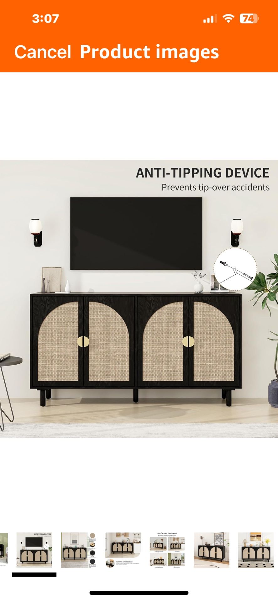 Black Rattan Sideboard buffet Cabinet 4 Door Boho Ratan storage Cabinet, Coffee Bar With Adjustable Shelf, Accent Furniture