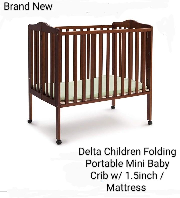 Brand New Delta Children Folding Portable Mini Baby Crib W/ 1,5 In/ Matress