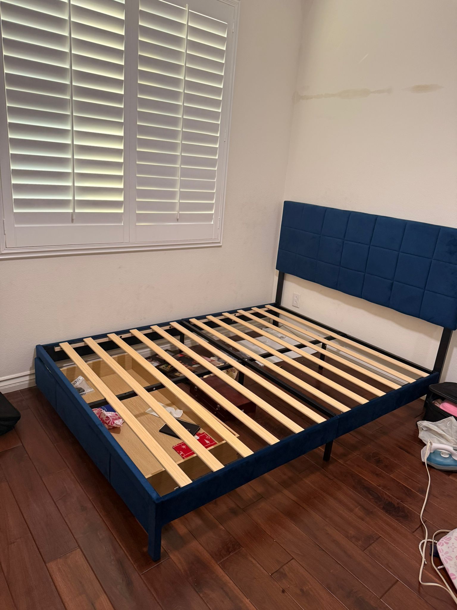 For Sale: Modern Blue Upholstered Bed Frame with Storage Price: $50 Condition: Like New Location: Eastvale, CA Pickup Only