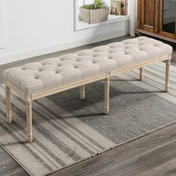 60" Fabric End of Bed Bench, Upholstered Tufted French Bedroom Bench with Carved Legs for Bedroom End of King Size Bed, Living Room, Linen