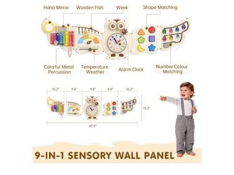 9-in-1 Wooden Sensory Wall Panel for Kids