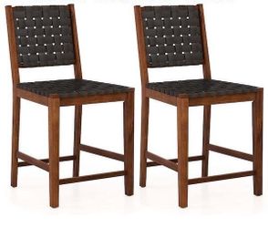 Costway Woven Bar Stools Set of 2 Counter Dining Chairs Faux Leather