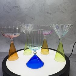 Set of (5) Colorful, vertical grain martini and cocktail glasses designed for versatile use as both drinkware and dessert cups.  Features a fluted or 