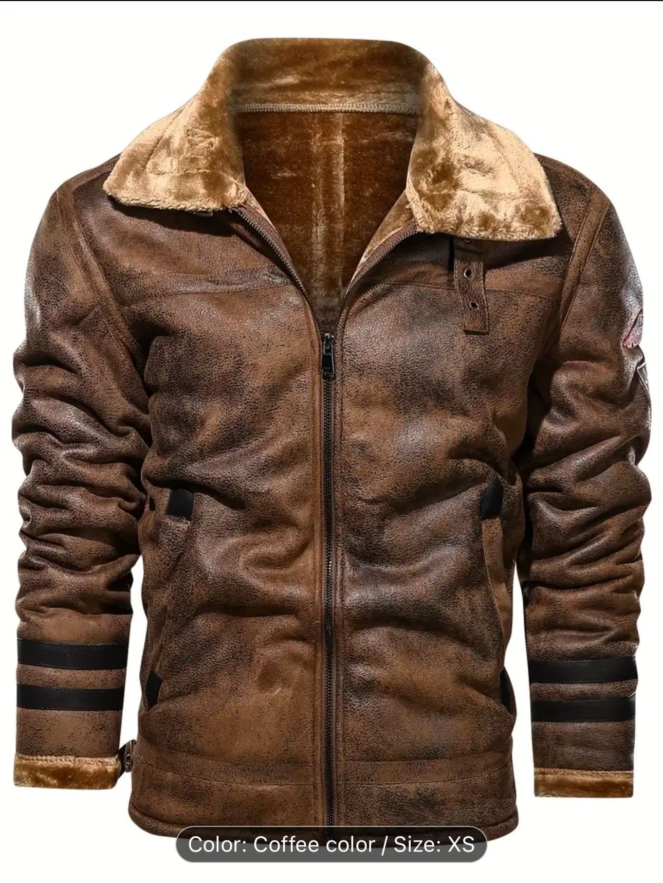 Winter Faux Leather Jacket with Lapel Collar and Sherpa Lining