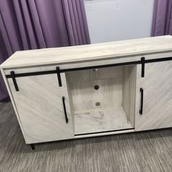 Modern farmhouse– storage console or media cabinet soft gray weathered wood finish. 