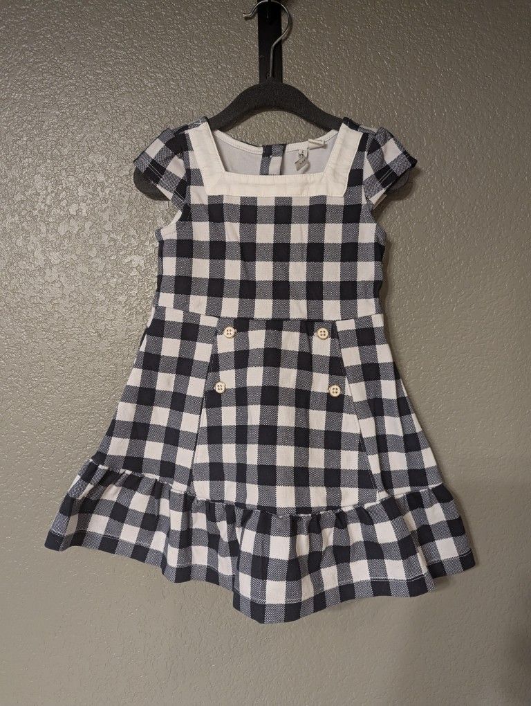 JANIE and JACK Navy & White Checkered Dress with Cap Sleeves & Gold Buttons - 2T