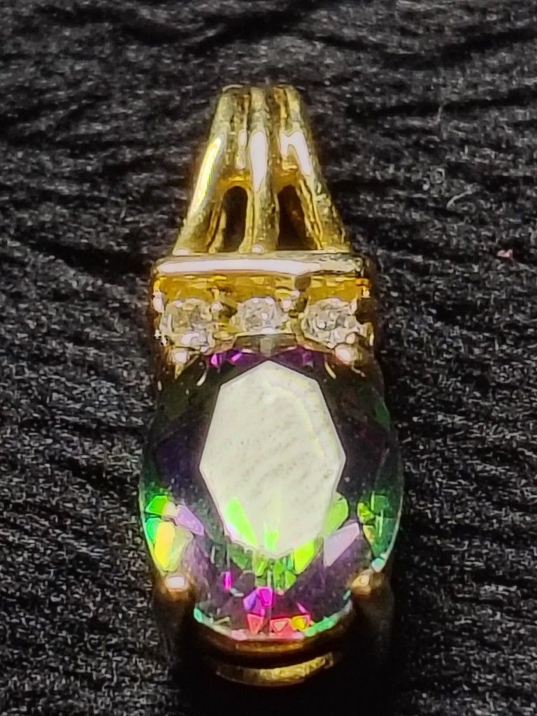 1 Carat Mystic Topaz Drop Pendant Print Set in 10k Yellow Gold with 3 Small Diamonds by Friedman Inc.