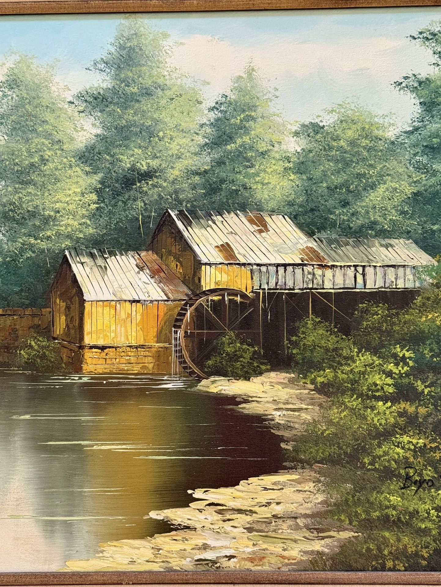 Framed Original Oil Painting - Rustic Watermill Scene (1979)