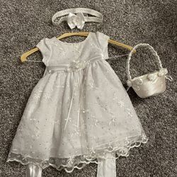 Baby White dress with headband and flower basket