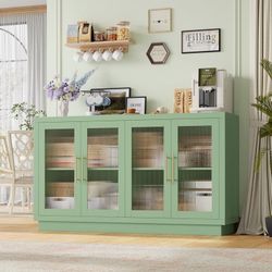 55.1"W Modern Sideboard Buffet with Fluted Glass Doors, Accent Cabinet Console Table TV Stand, Green