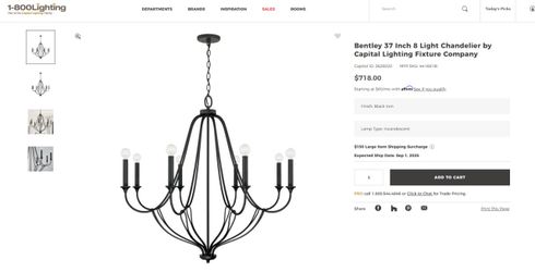 NEW Capital Lighting Bentley 8-Light Chandelier Black Iron