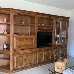 5-Part Wood TV Cabinet W/Shelves-Glass Doors-Drop Down Desk