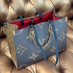 Louis Vuitton On-The-Go Tote MM Giant Brown Monogram hand bag Reverse Leather Dust Bag