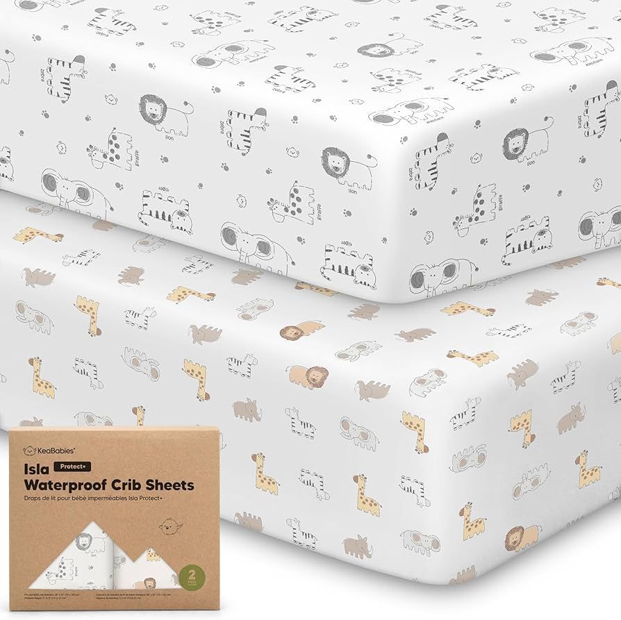 Keababies 2-Pack Waterproof Baby Crib Sheets for Boys, Girls - 52x28 Viscose Derived from Bamboo Toddler Bed Sheet Neutral, Fitted Crib Mattress Prote