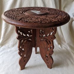 Vtg Hand Carved Mini Accent Table Plant Stand w/ Folding Base 12"