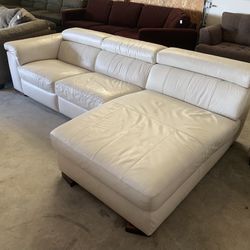 White Leather L Shaped Sectional With Recliner And Adjustable Head Rests “WE DELIVER”