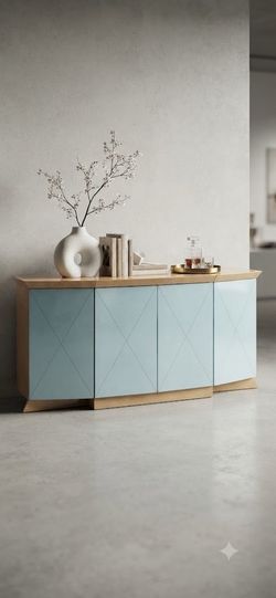 Modern Light Blue and Wood Sideboard Credenza 72” x 27”x 36”