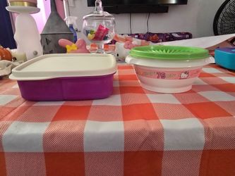 Tupperware Hello Kitty Container with Green Lid  & Purple Lid and Tupperware Sectioned Container with White Lid
