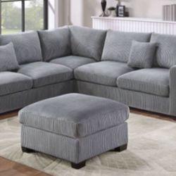 New Gray Or White Corduroy Sectional And Ottoman Sofa Couch 