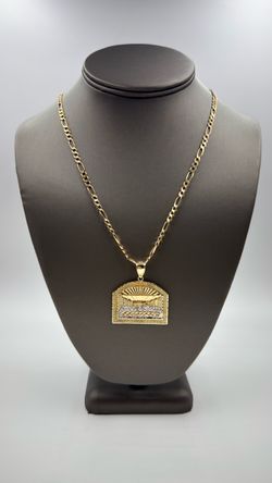 14KT YELLOW GOLD 25” FIGARO LINK CHAIN 13.7GR W/ 10KT YELLOW GOLD LAST SUPPER CHARM 7.5GR