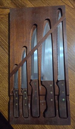 Vintage 5-Piece Stainless Steel Knife Set with Wood Block - Made in Japan