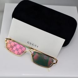 Gucci Rectangular Sunglasses in Gold With Pink GG Logo Mirror Lens 