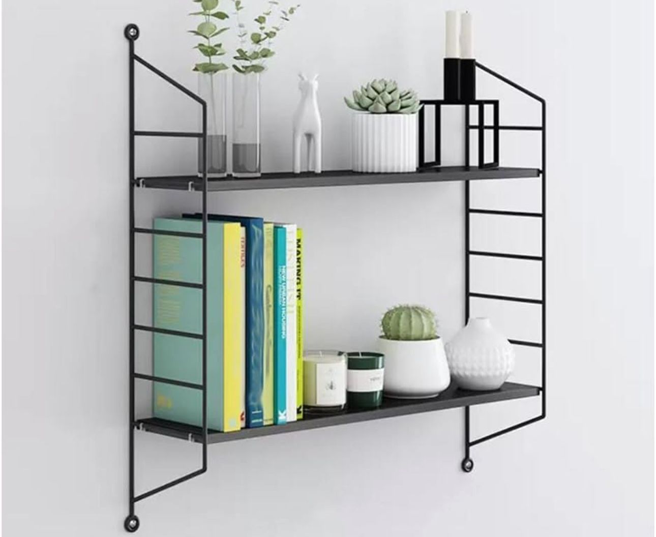 2 Tiers Multi-functional Wall Racks Floating Shelves , Wall Mounted Storage Shelves with Metal Frame and Towel Rack And Two Hooks for Bathroom, Bedroo