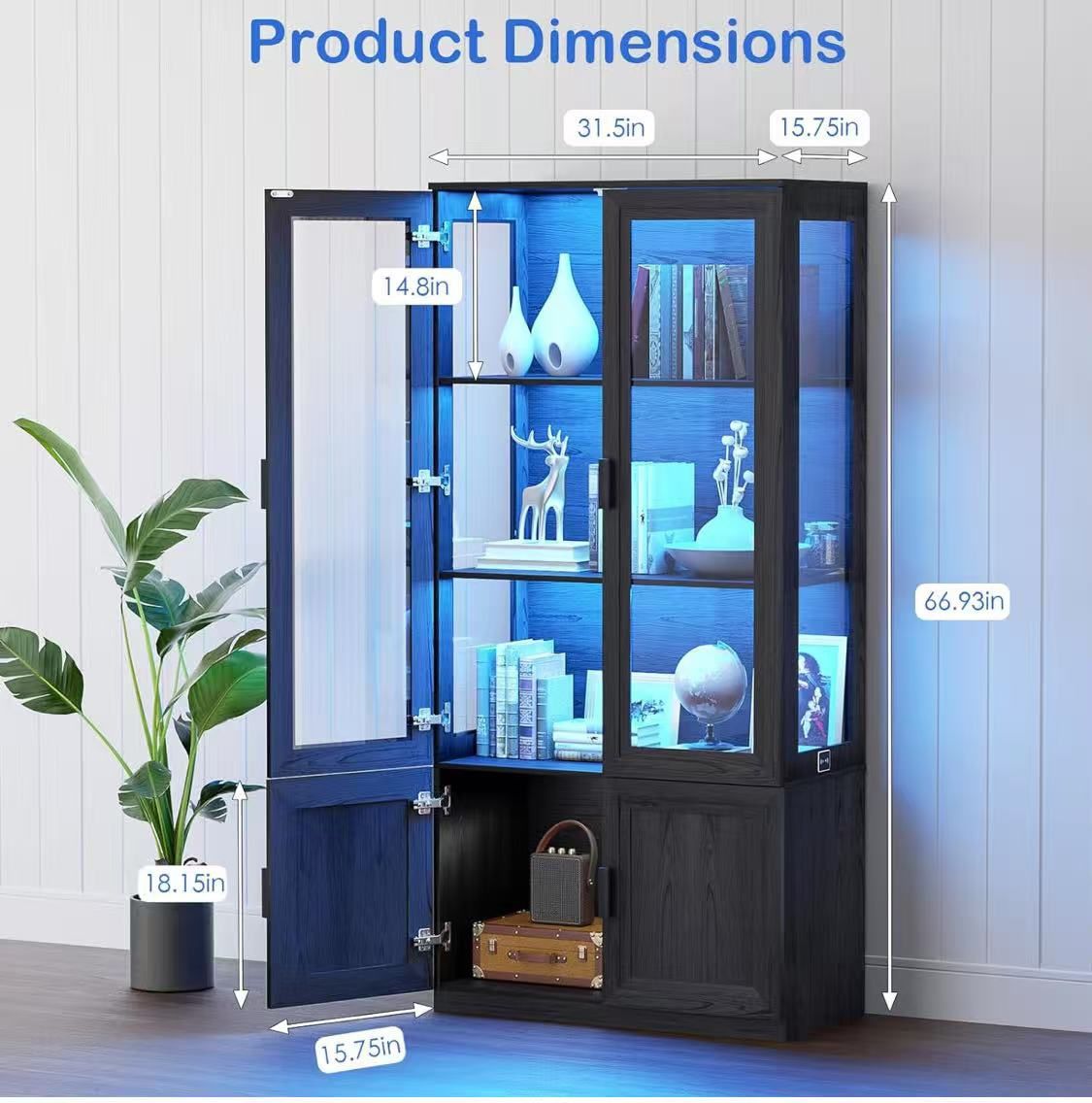 ✌️ Display Cabinet with Acrylic Doors, 67" Tall Curio Cabinet with Storage and Shelves, Bookcase with 3 LED Lights, Trophy Case with Human Body Sensor