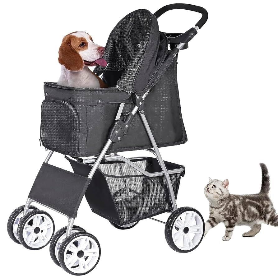 Folding stroller for pets, stroller for cats/dogs with 4 wheels
