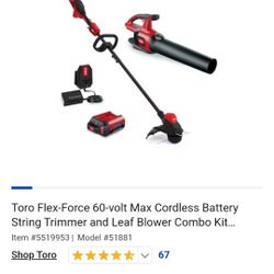 🆕️Toro Flex-Force 60-volt Max Cordless Battery String Trimmer and Leaf Blower Combo Kit (Battery & Charger Included)
Item # |
Model #51881