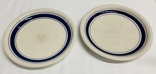 3 Tienshan Country Crock Stoneware Dinner Plates Green Blue Band 10 5/8”