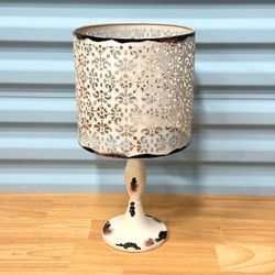 NEW Antique Style Metal Candle Holder Table Lamp Shape Distressed White Floral Design