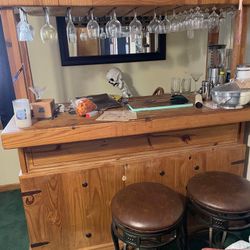 Bar, Glassware and Two Bar Stools