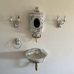 French Bathroom Sink Hand Painted With Matching Sconces Towel Ring And Mirror Lavabo