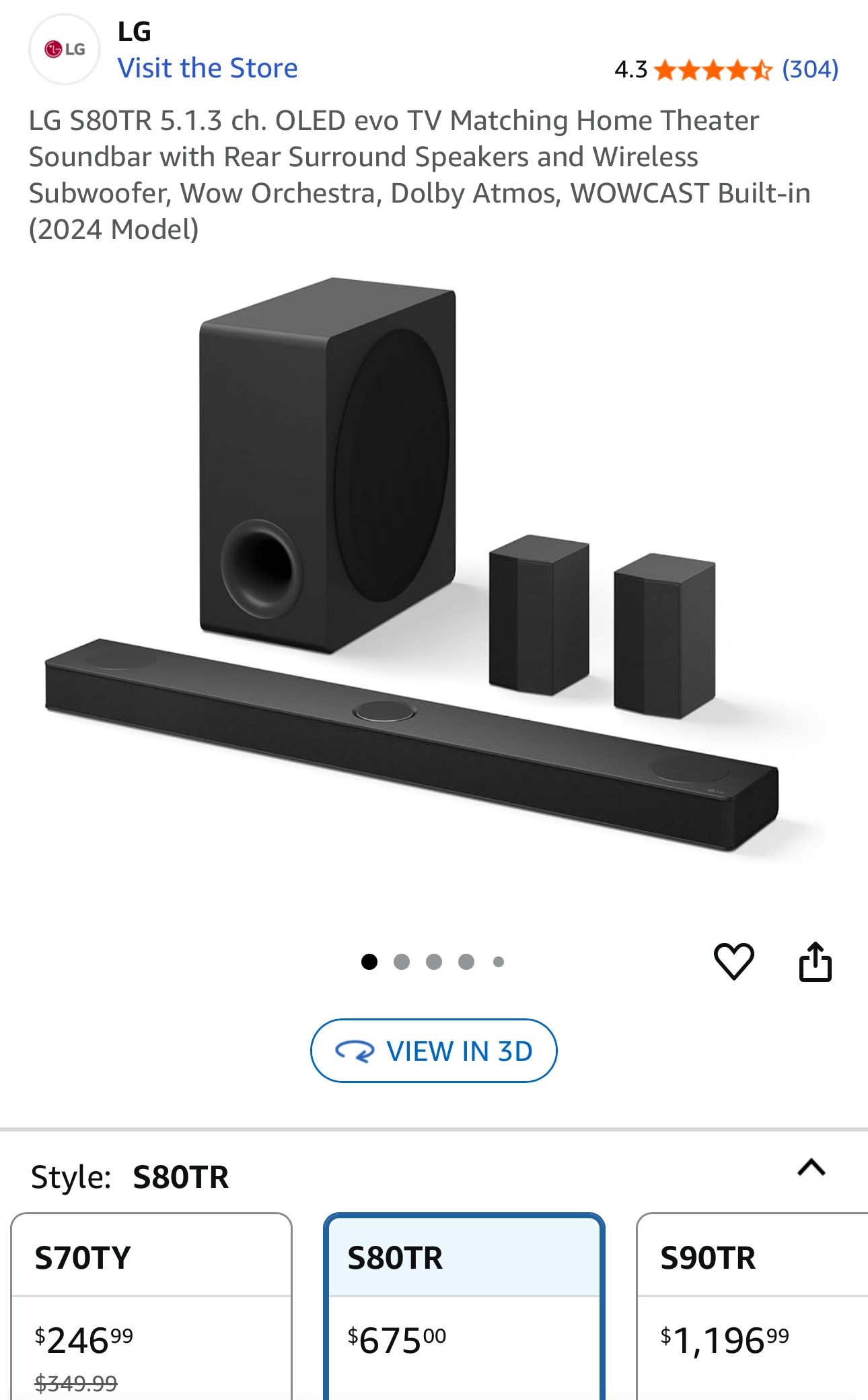 LG S80TR 5.1.3 ch. OLED evo TV Matching Home Theater Soundbar with Rear Surround Speakers and Wireless Subwoofer