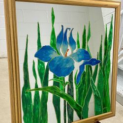 Vintage  gold framed botanical iris flower reverse stained glass painted mirror by Amal