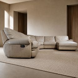 Large Beige Genuine Leather Modular Sectional with Recliner & Chaise – 165”j