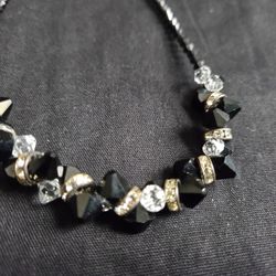 Vtg Clear & Black Crystal Cut Glass Rhinestone Necklace 16" With Box