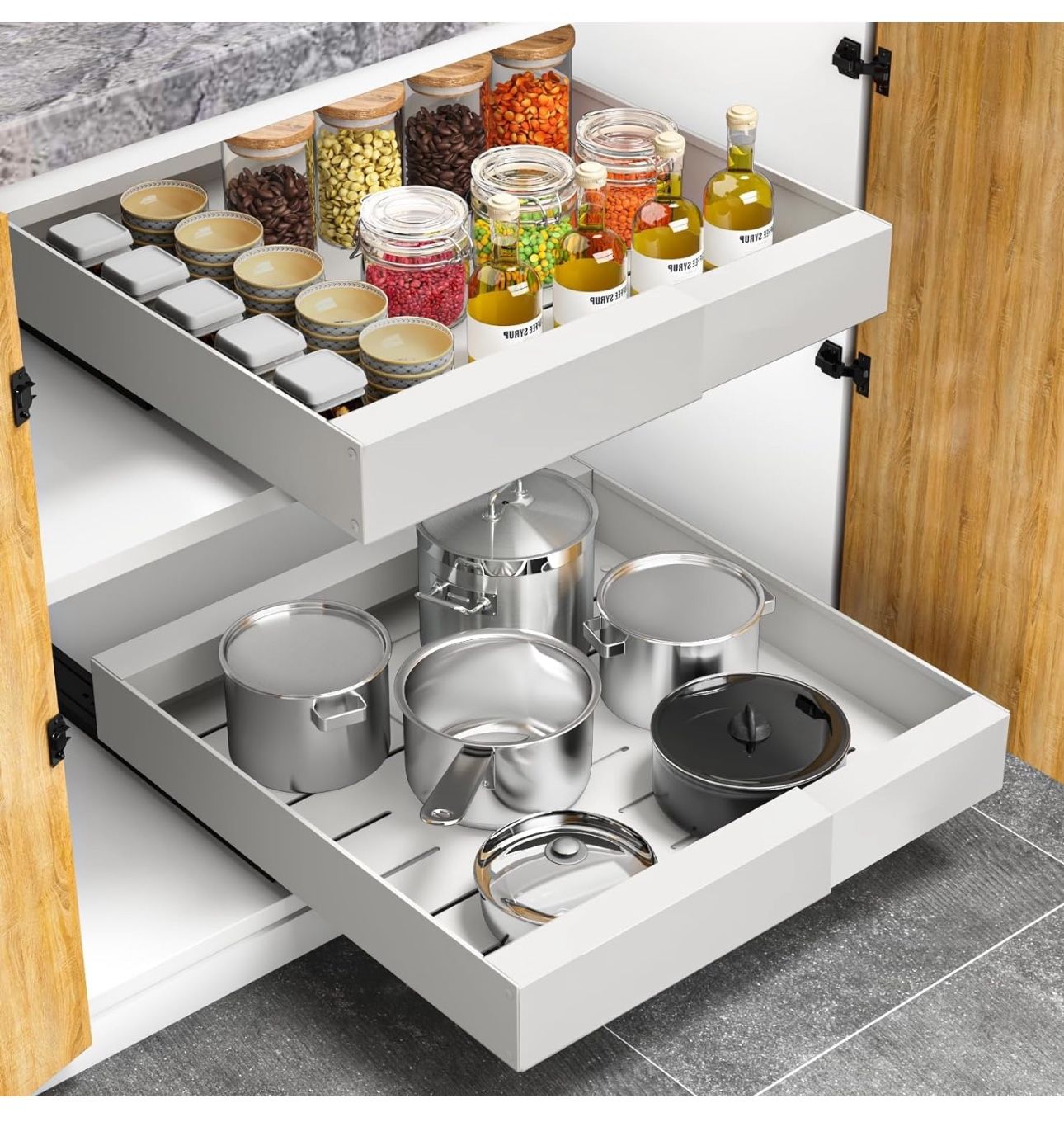 BLACK Expandable Pull Out Cabinet Drawers Organizer, Slide Out Cabinet Organizer Shelves with Adhesive Nano Film, Slide Out Drawers for Kitchen Cabine