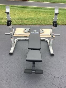 Bench & Squat rack with bench, bars and weights