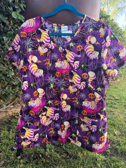 DISNEY Scrub Top L Purple Graphic Cheshire Cat Halloween