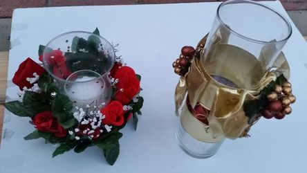 Silk flower with candle, gold grape vase