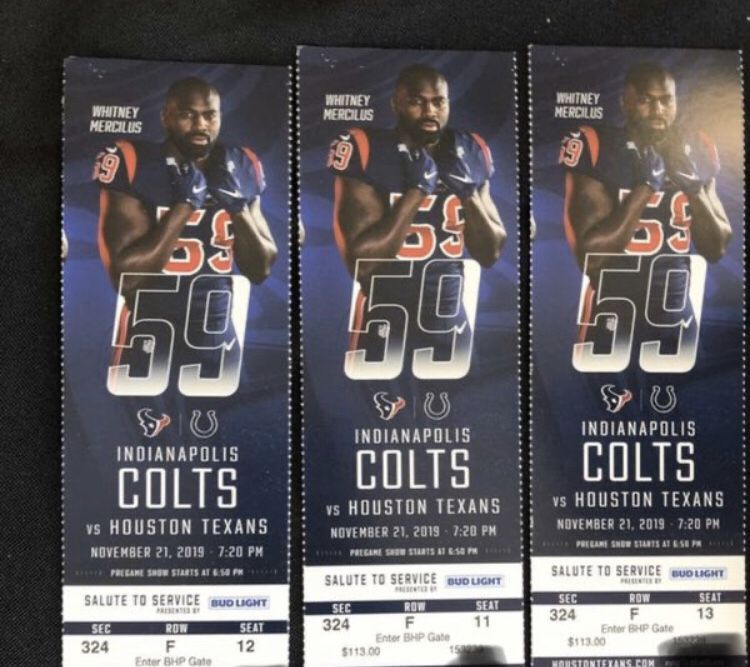 Texans vs Indianapolis Colts ( Thursday night football) - 3 tickets and parking pass