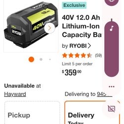 In New Condition RYOBI 40 VOLT Battery Lithium Battery Retails For $359 Before Tax Selling For $100 Dollars 