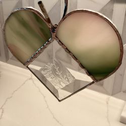 Stained glass heart ornament with green and clear panels and hanging suction cup 4”