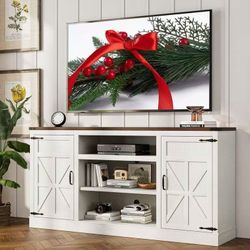 #B 66" Farmhouse Style TV Stand for 65" 70" 75" TVs with Charging Station, 33" High Table Console Table with Adjustable Shelfs/4 Tier storage for Livi