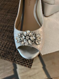 Silver Peep-Toe Flats with Crystal Embellishment