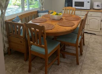 Solid Pine-Style Dining Set – Extendable Oval Table, Storage Bench & 4 Chairs